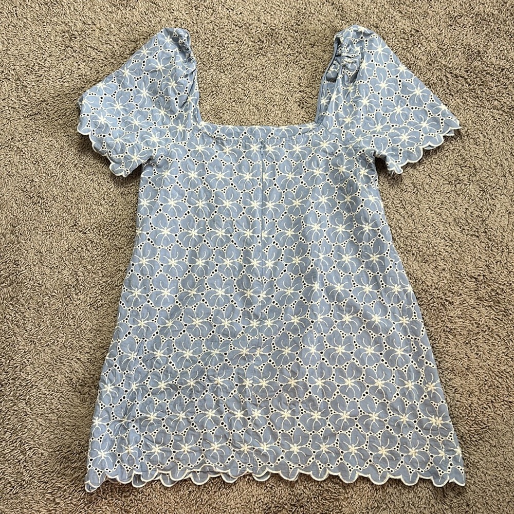 ZARA LIGHT BLUE FLORAL CUTWORK EMBROIDERY PRINT COTTON MINI DRESS - Picture 7 of 11